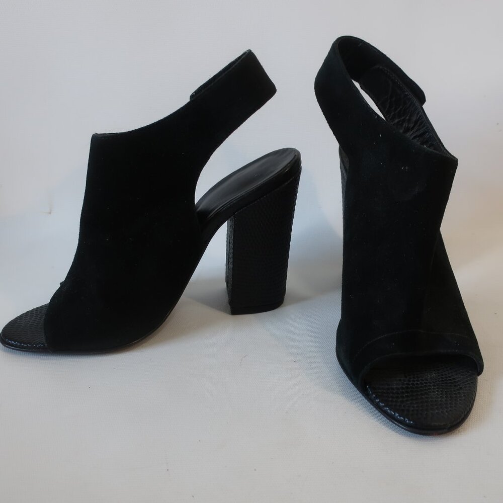 Womens Nicholas Black Suede Leather Block Heel Peep Toe Slingback Shoe 38 US/7.5